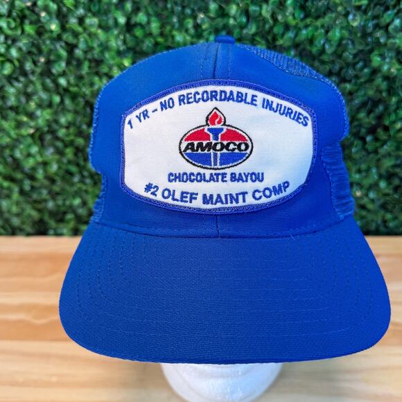 Vintage Amoco Trucker Hat Chocolate Bayou OLEF Maint Comp Rare 80s y2k Cap Blue - Picture 1 of 8